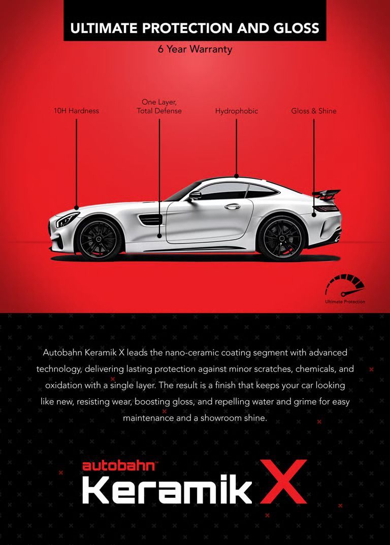 Red promo poster for Keramik X automotive coating, featuring a silver sports car and bold black-and-white text.