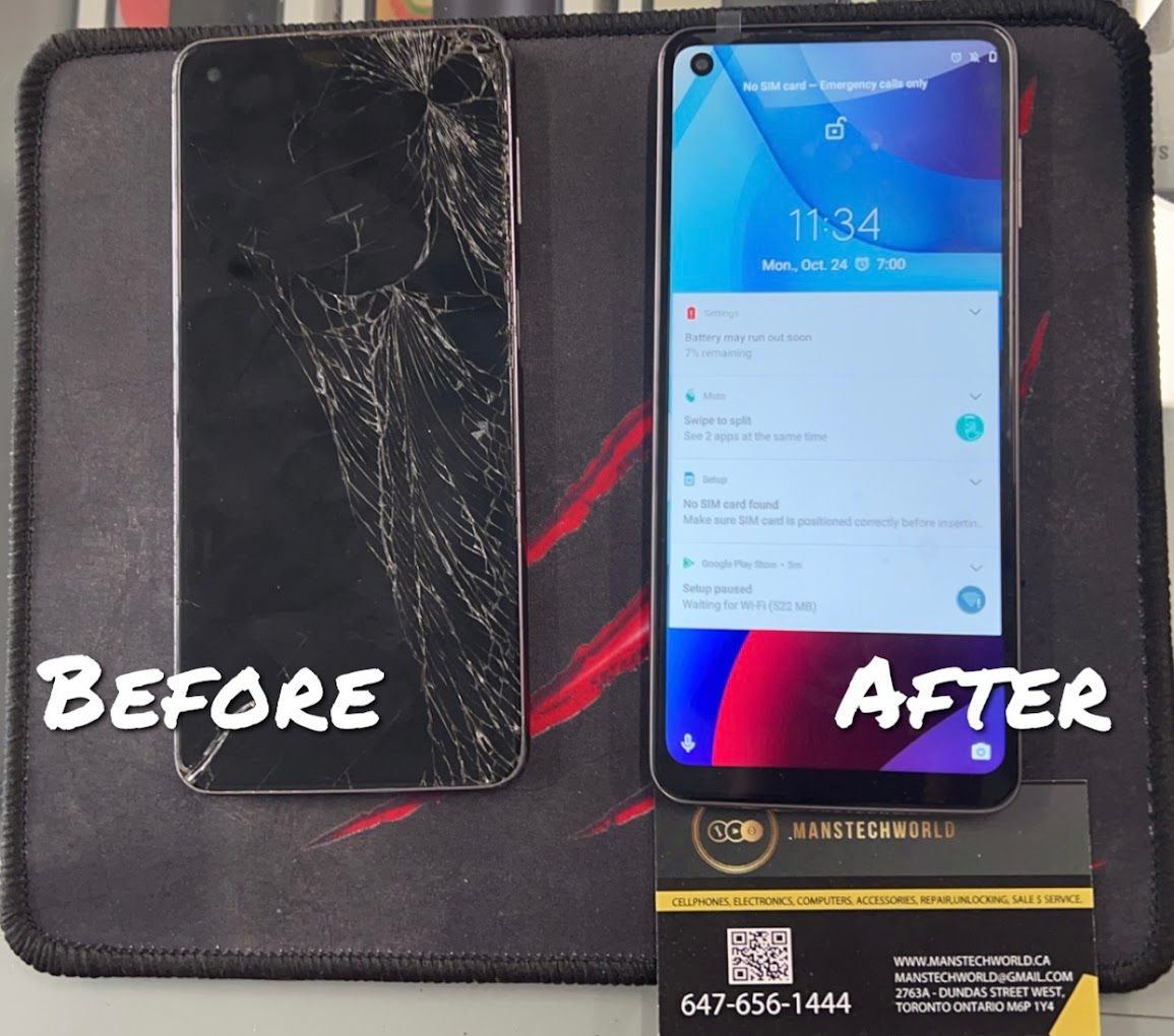 A before-and-after comparison of a smartphone screen repair. The left screen is cracked, and the right one is fixed, displaying the time and notifications.