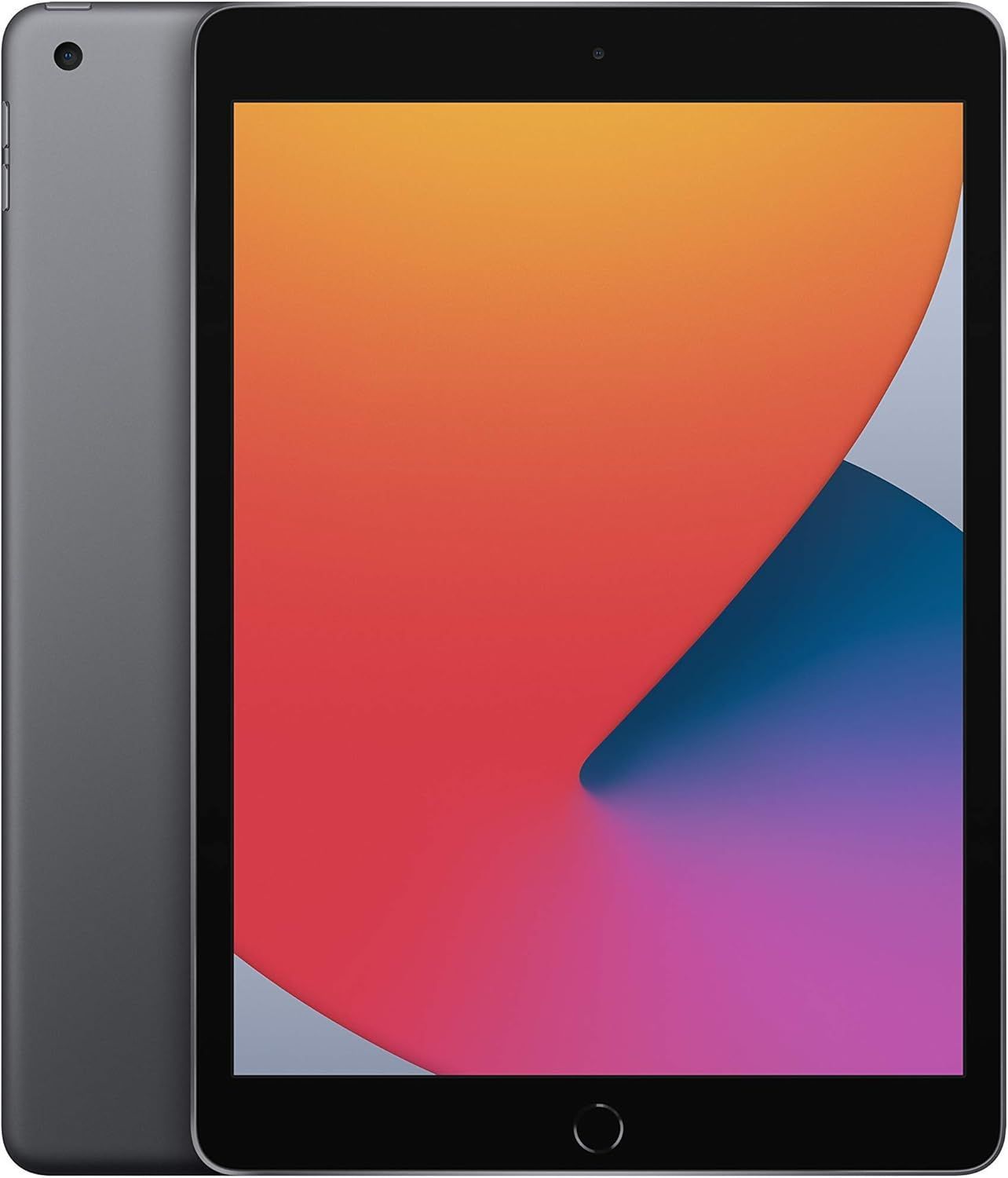 Gray Apple iPad Pro on a white background, displaying a colorful abstract image on its screen.
