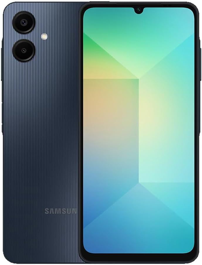 Blue Samsung smartphone, back and front view. The back features vertically striped texture and dual camera lenses. The front displays a colorful screen.