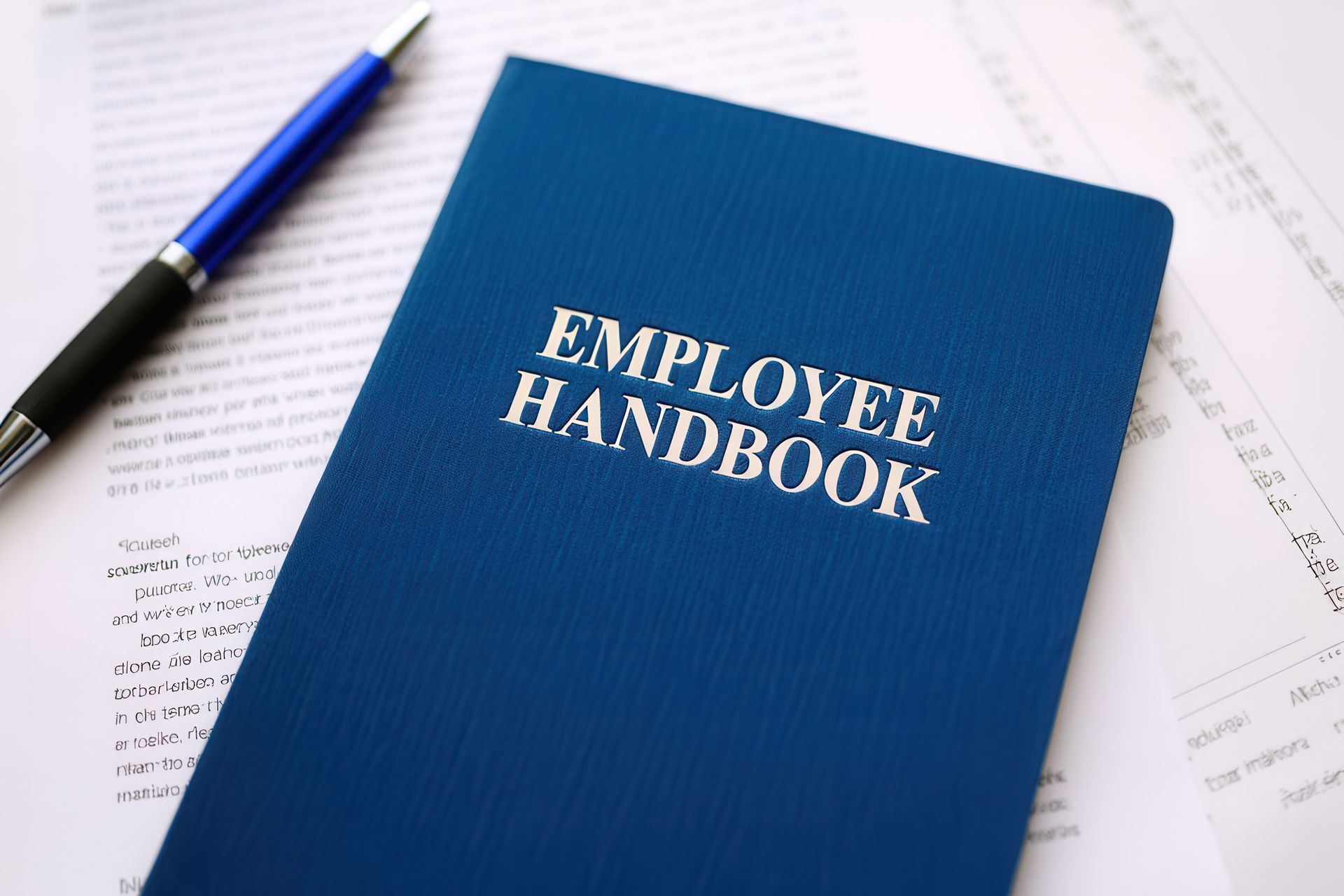 A blue employee handbook with a pen on top of it