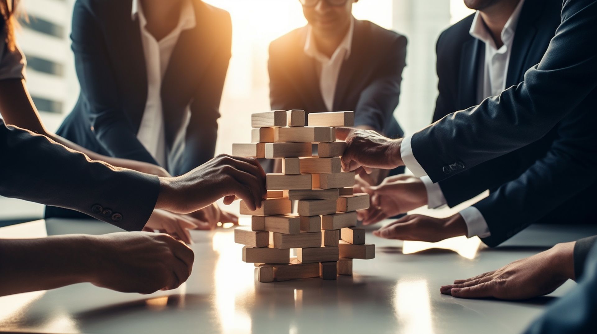 A group of business people are playing a game of jenga.
