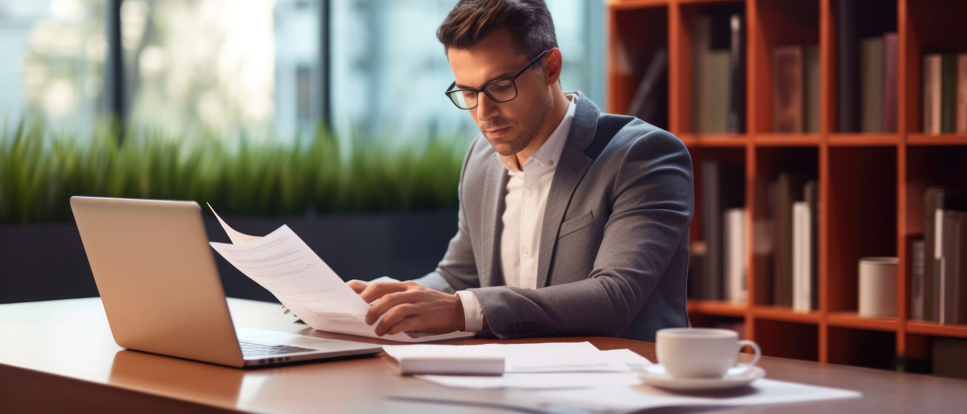 A man is sitting at a desk with a laptop and papers.