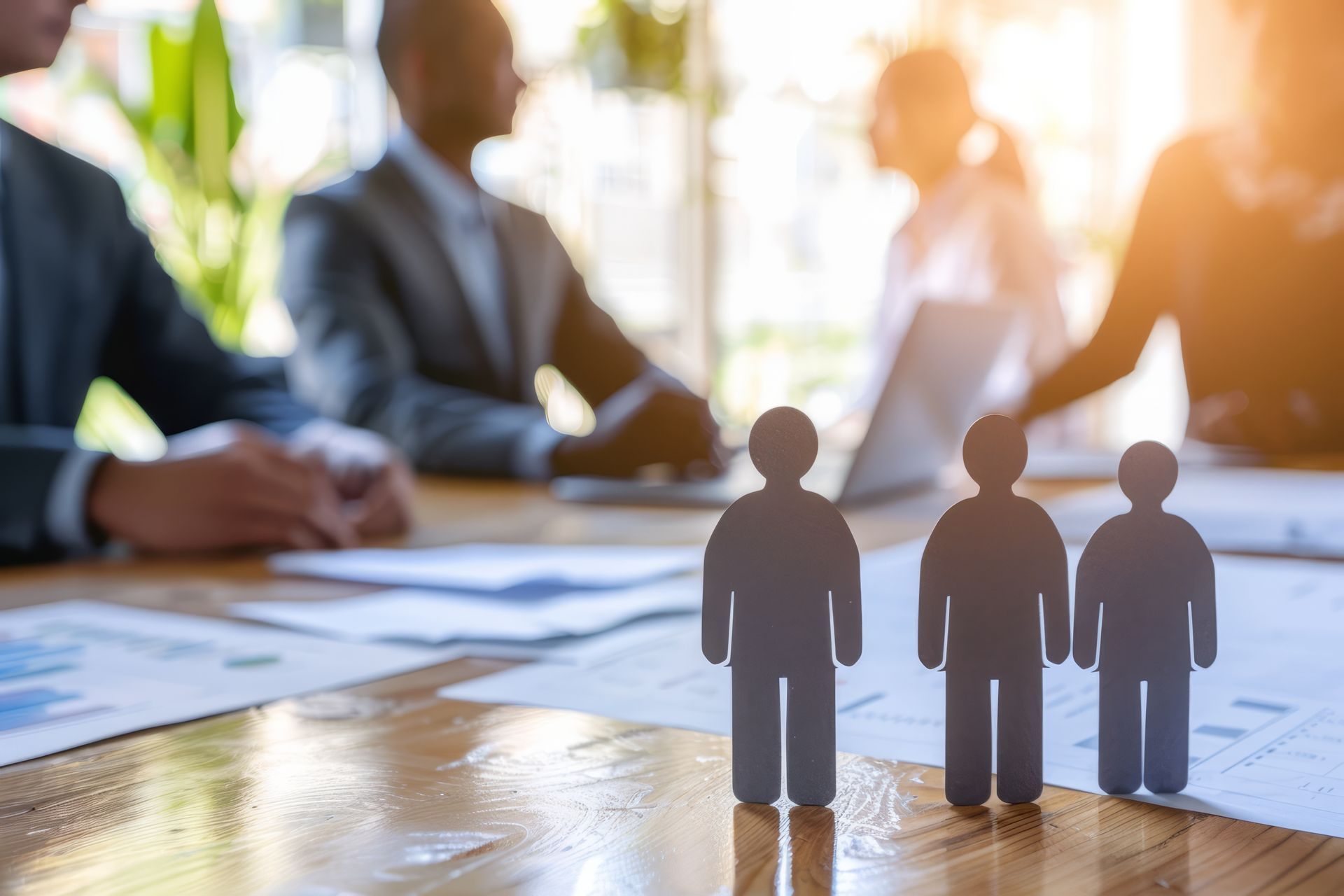 A group of people are sitting at a table with paper people on it.