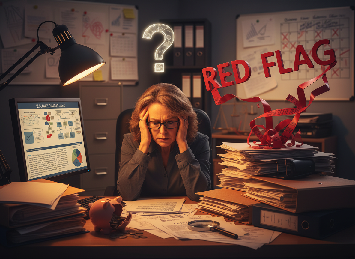 Woman stressed at a desk, surrounded by papers.