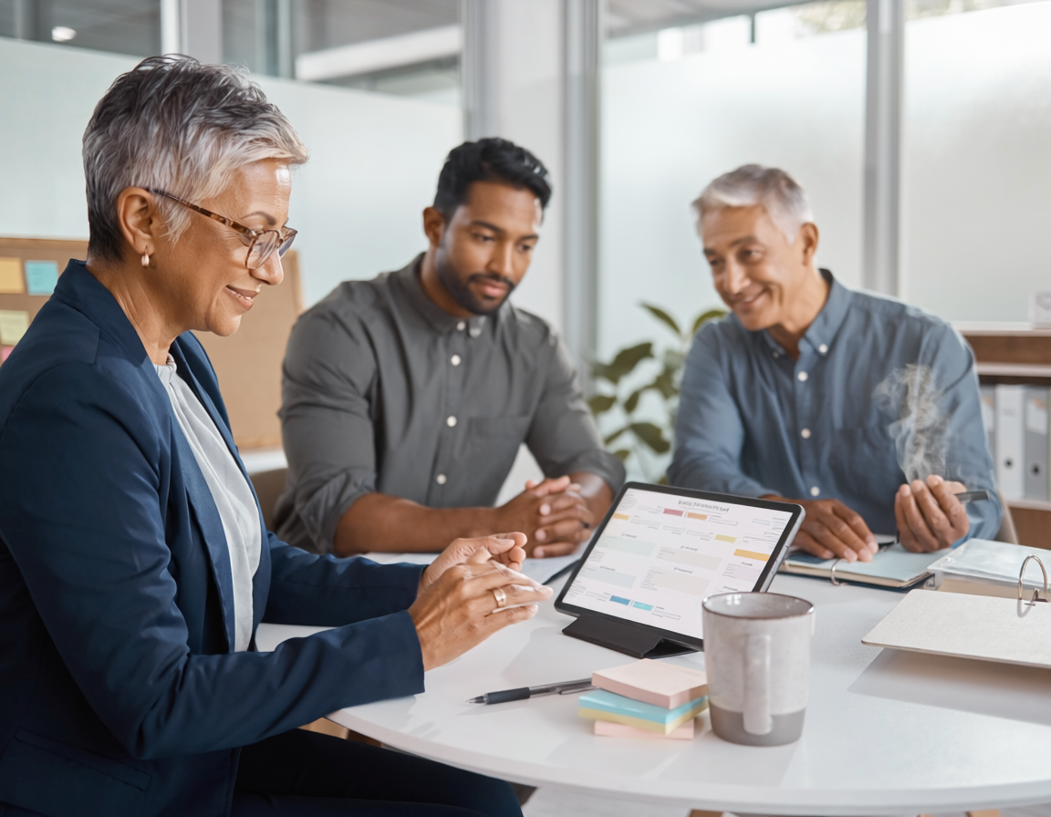 Three colleagues in a professional office setting collaborating around a tablet on a round table.