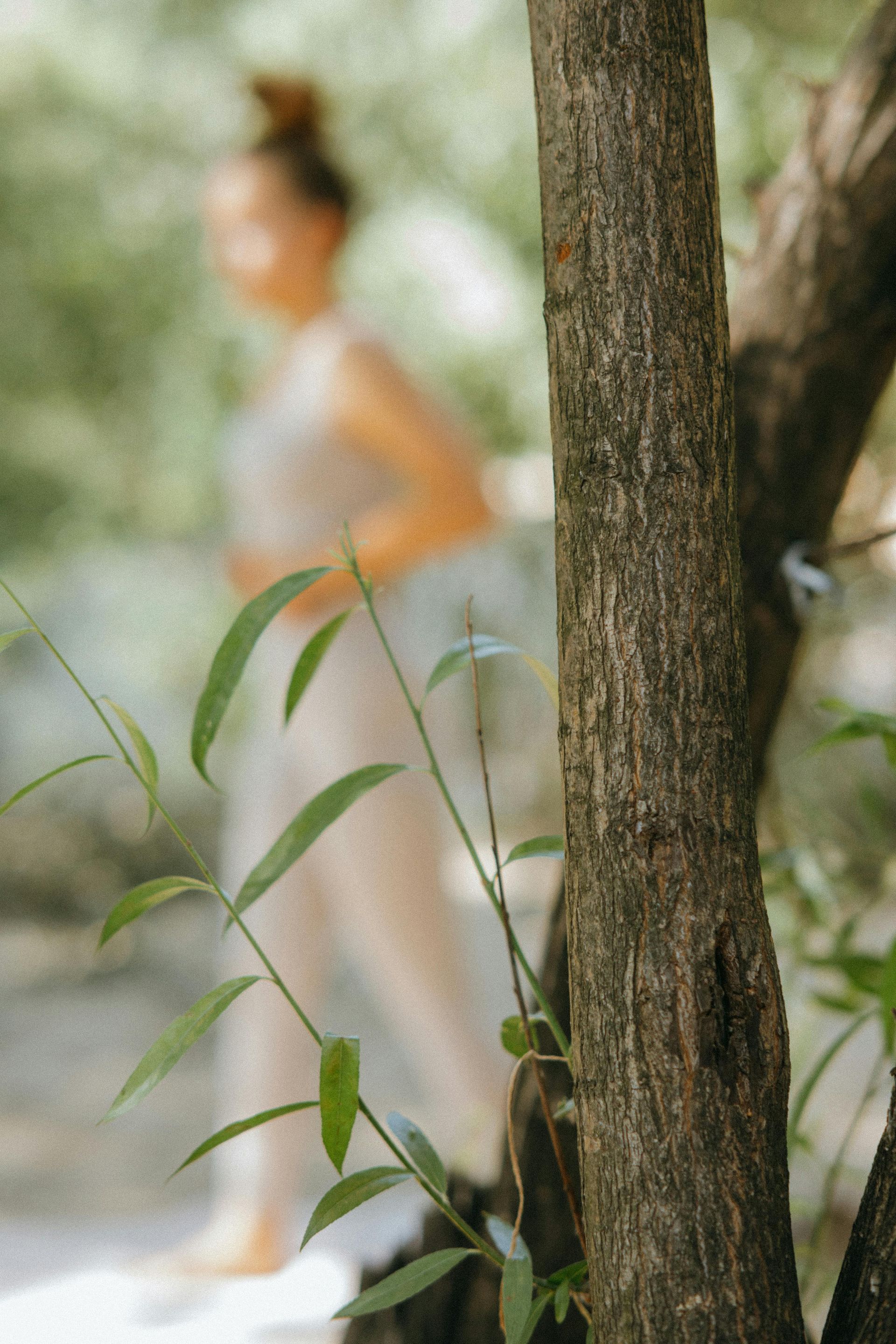 Tree trunk in focus, blurred figure in white dress walks in sunlit woods — Mind Guidance Centre in Wangi Wangi, NSW