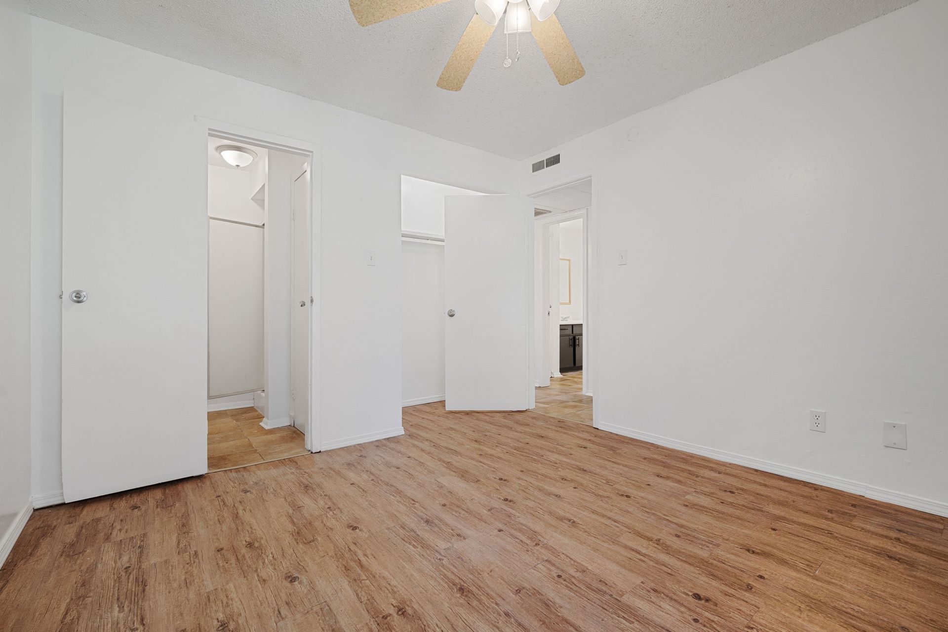 photo showing master bedroom with large closet and bathroom entrance