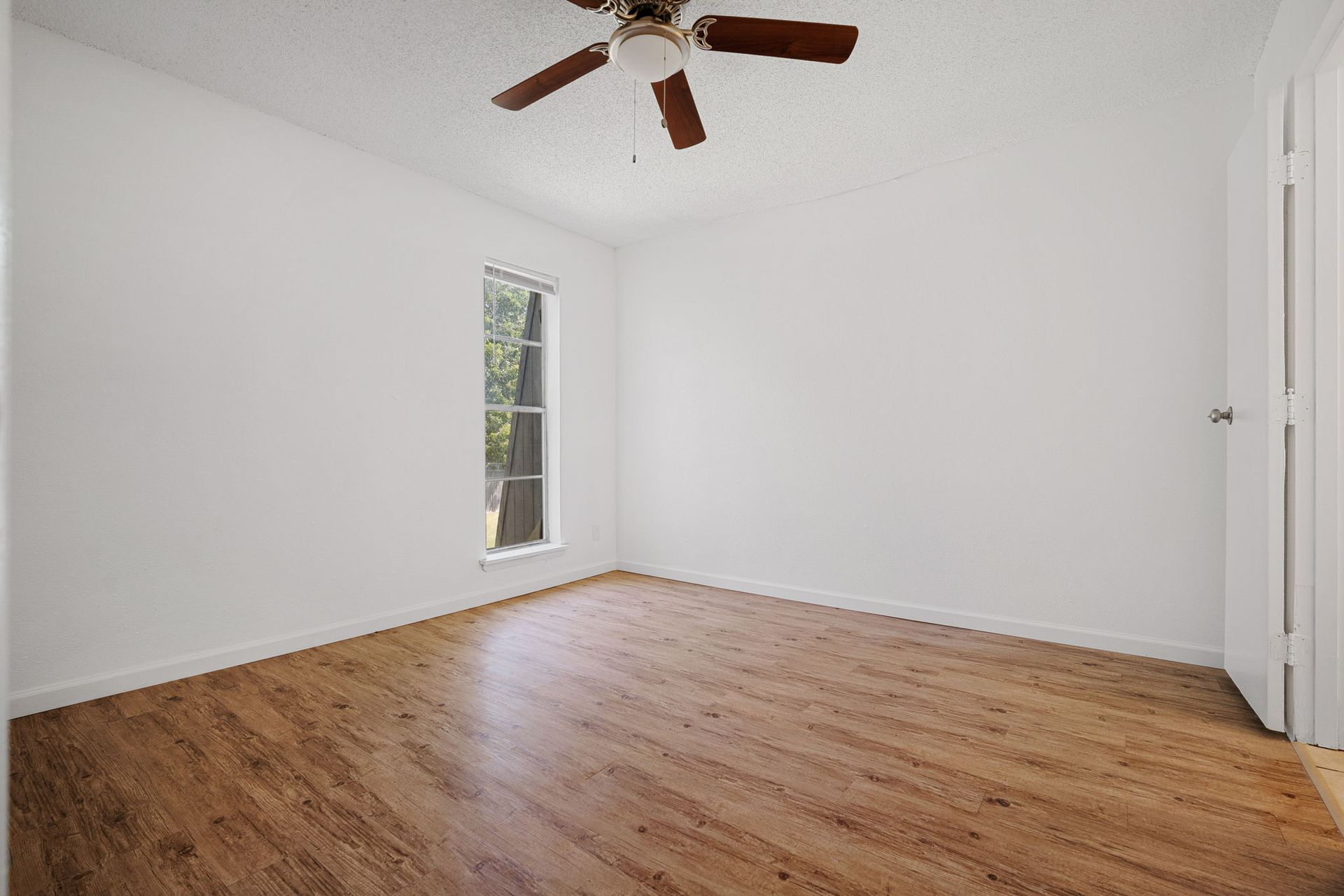 living room photo with a ceiling fan and plenty of natural light coming through a tall window