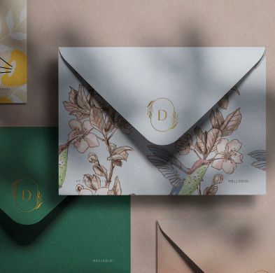 Briefumschlag mit floralem Muster und goldenem Buchstaben „D“ auf hellblauem Grund.