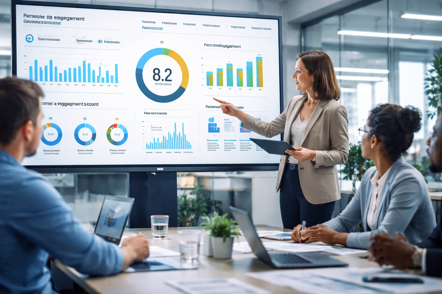 HR leader analyzing employee engagement metrics dashboard to identify workforce alignment issues.
