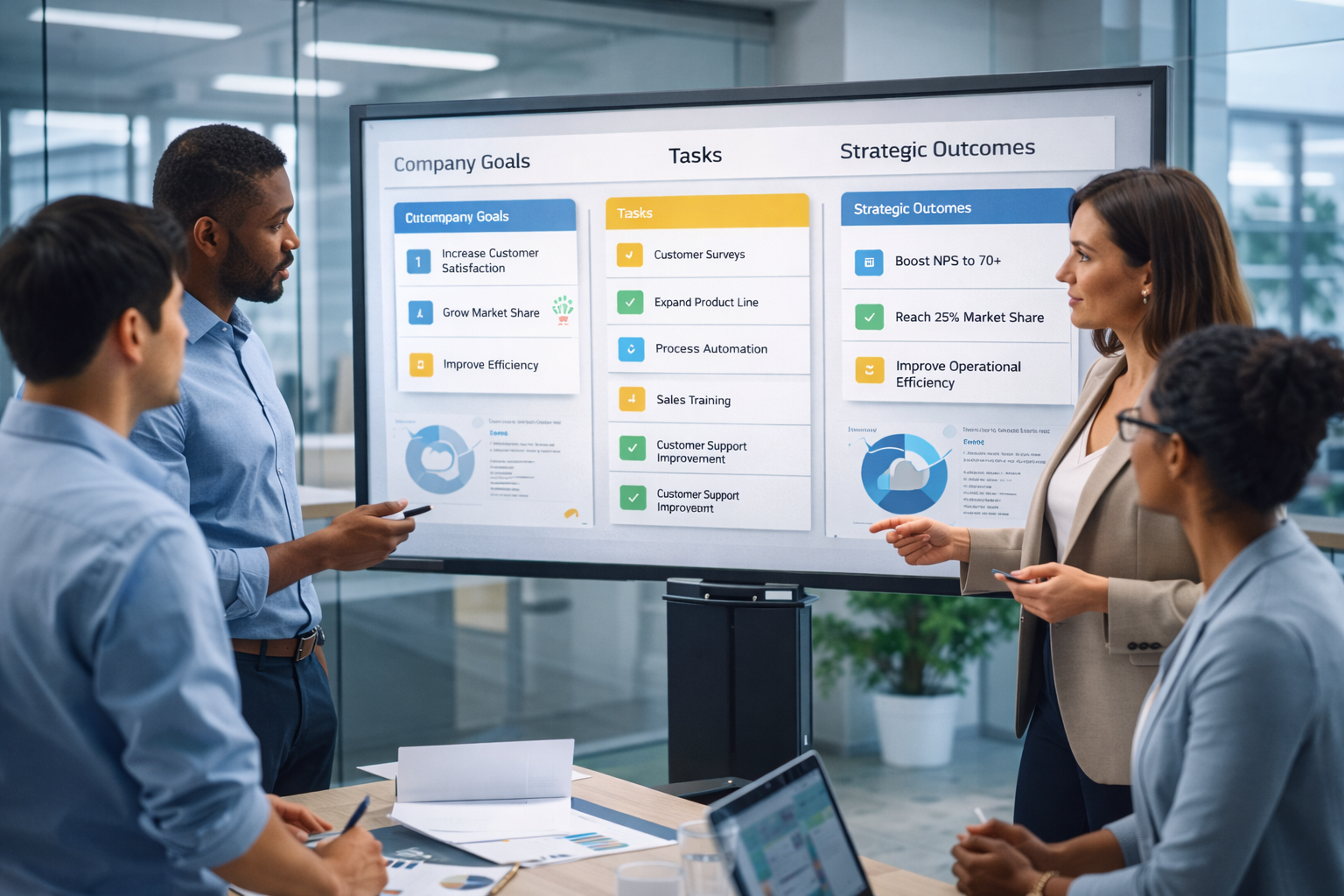 Team reviewing goals, tasks, and outcomes on screen during ownership and accountability discussion.

