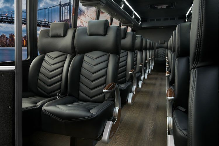 A row of black leather seats on a bus with a bridge in the background.
