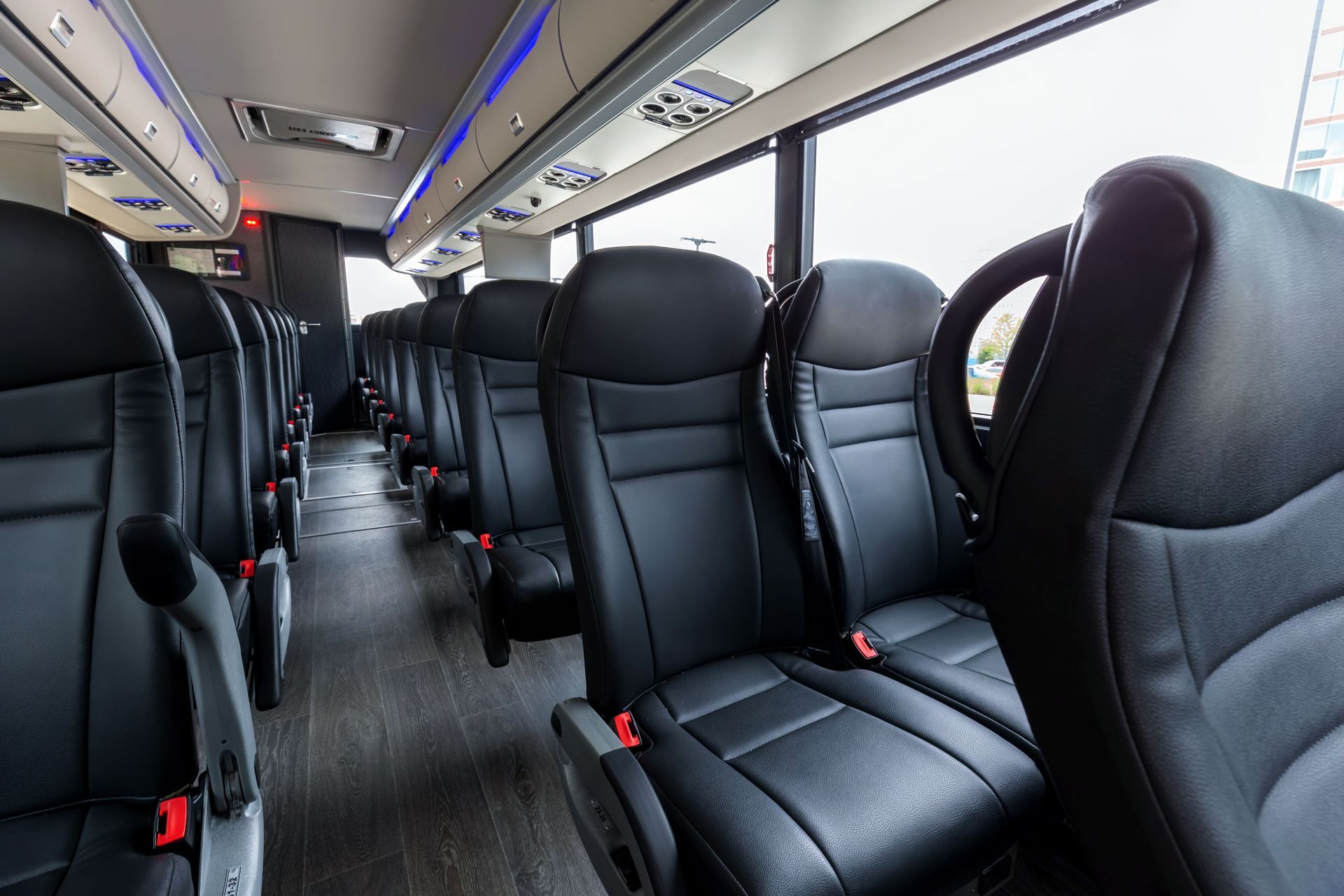 The inside of a bus with rows of black leather seats.