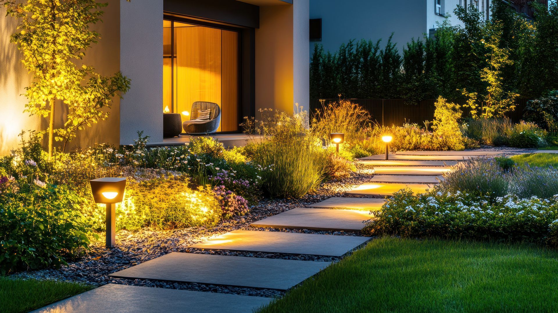 A stone path leads to a house entrance at night, illuminated by warm, glowing garden lights set among plants and shrubs.