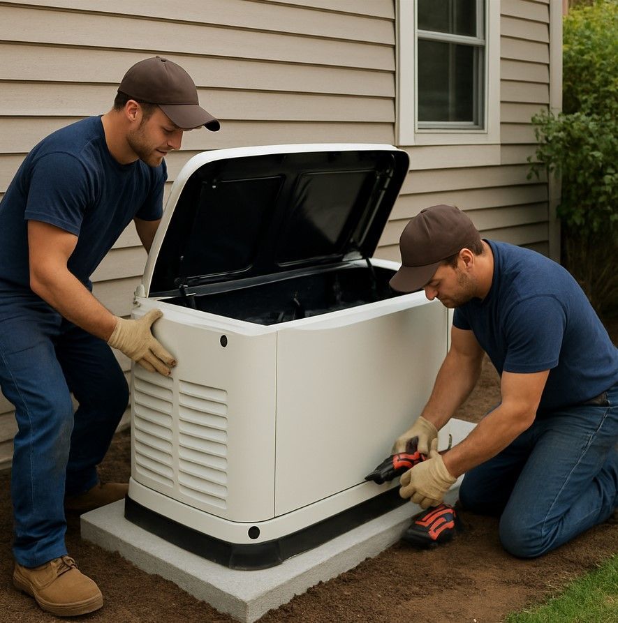 Two men installing a white generator outside a house; one uses a tool, the other supports the open lid.