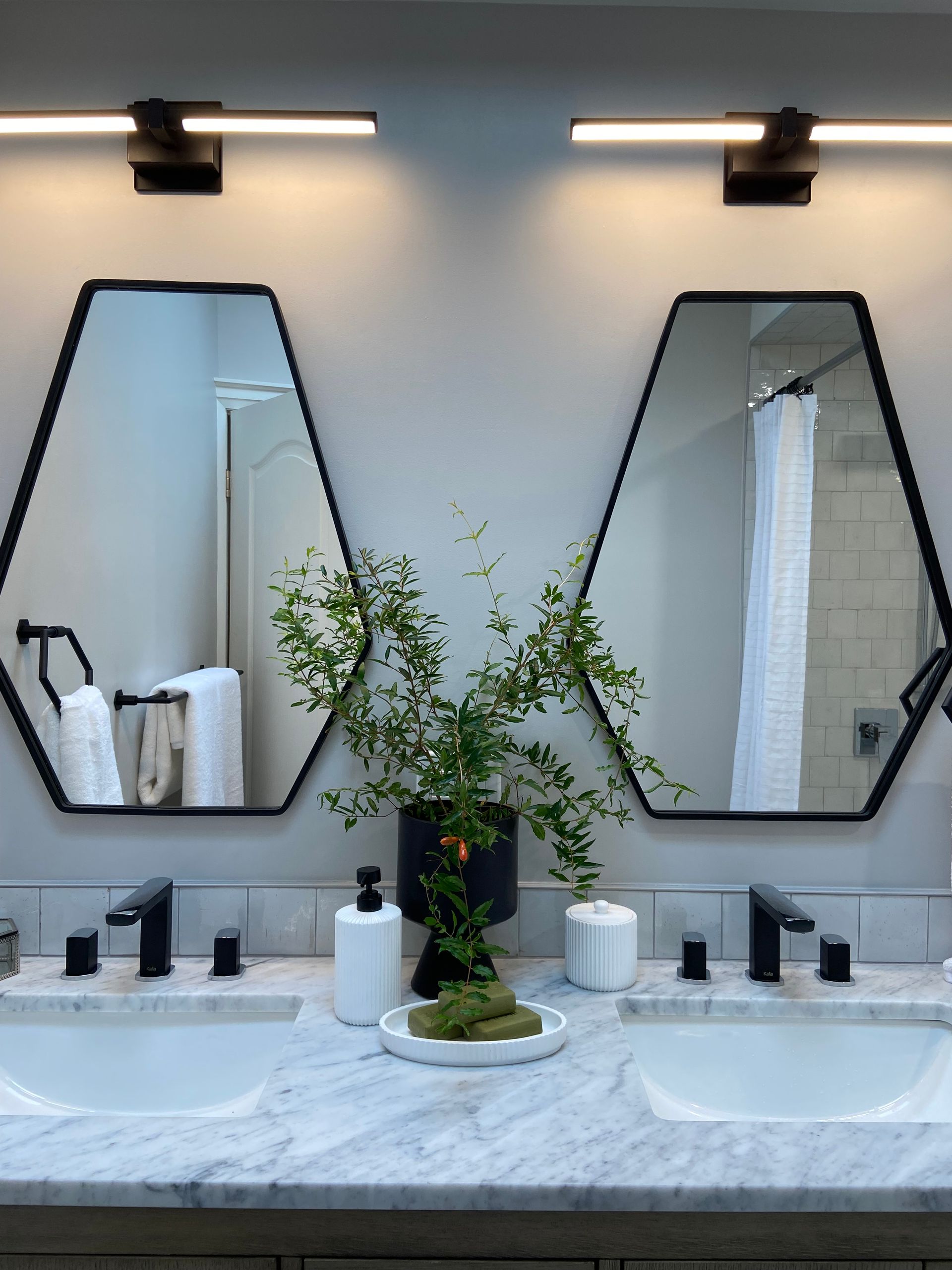Two hexagon mirrors above double sinks. Black fixtures, marble countertop, greenery, and neutral color scheme.