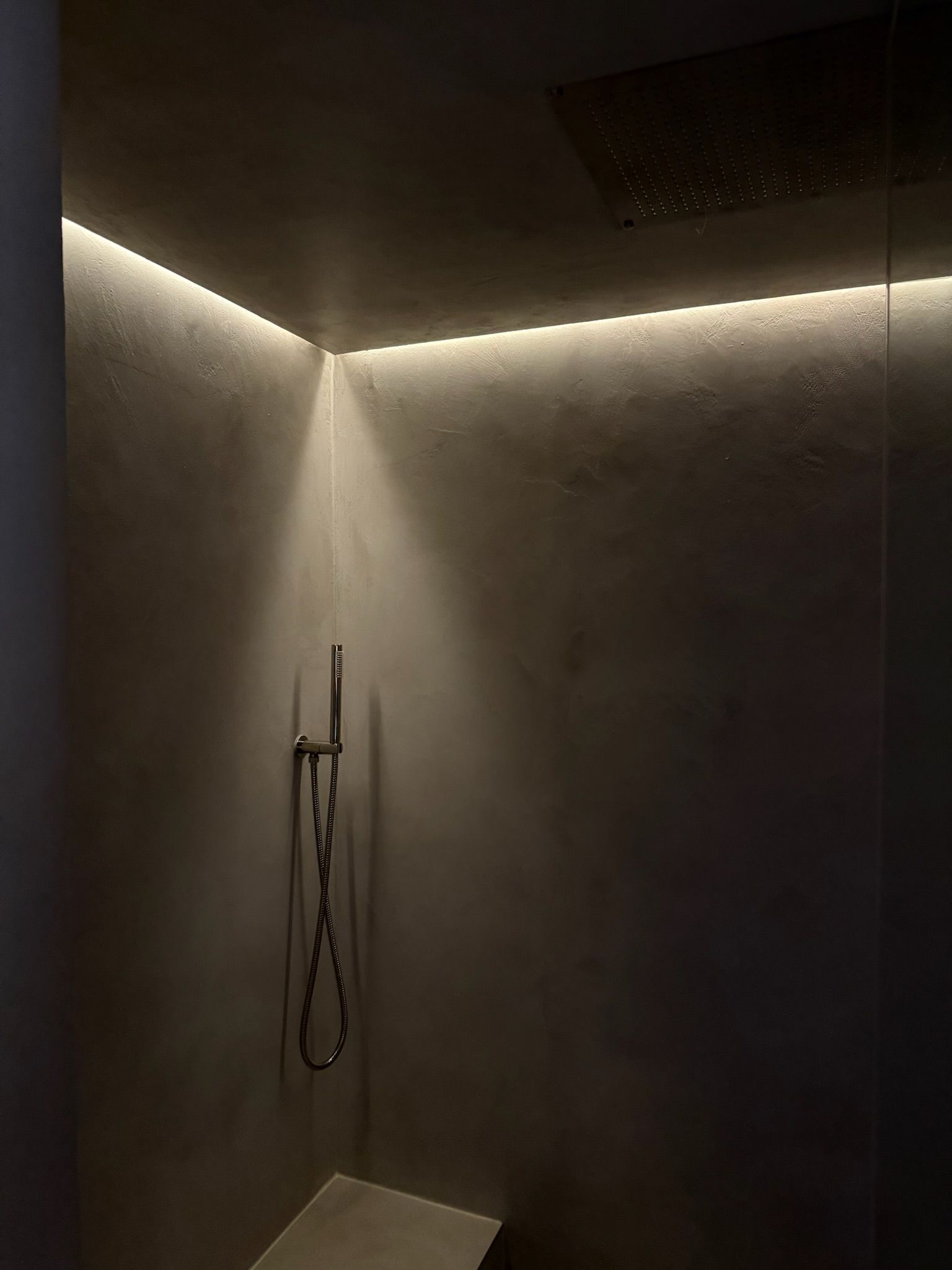 Shower with recessed LED lighting along the ceiling. A silver showerhead and hose are visible.