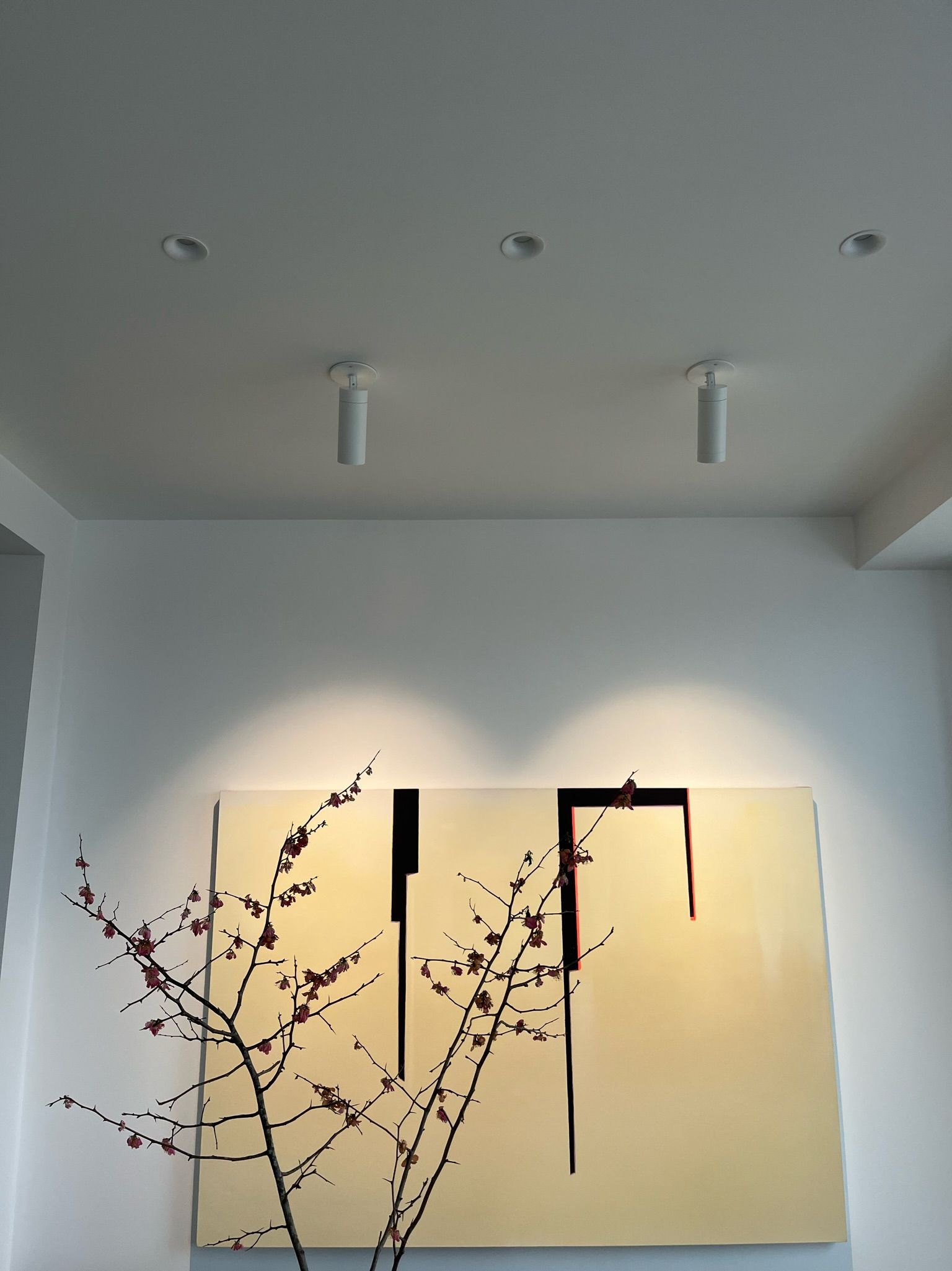 White ceiling with recessed and track lighting illuminating an abstract painting and branches with pink buds.