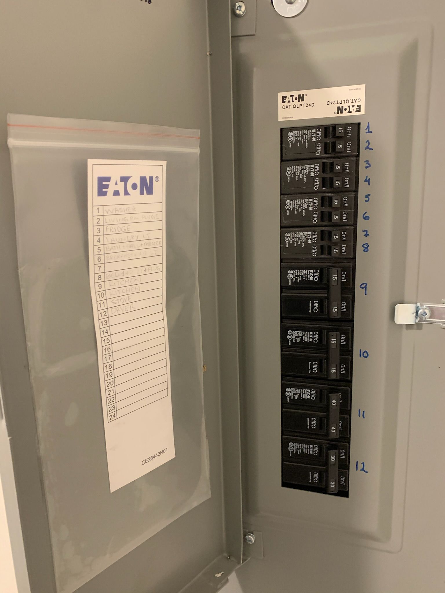 An open electrical panel with circuit breakers and a label sheet in a plastic bag.