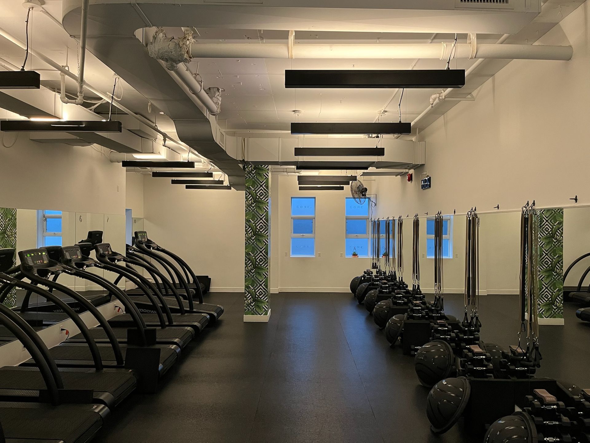 Gym interior with treadmills, weights, mirrors, and decorative columns.