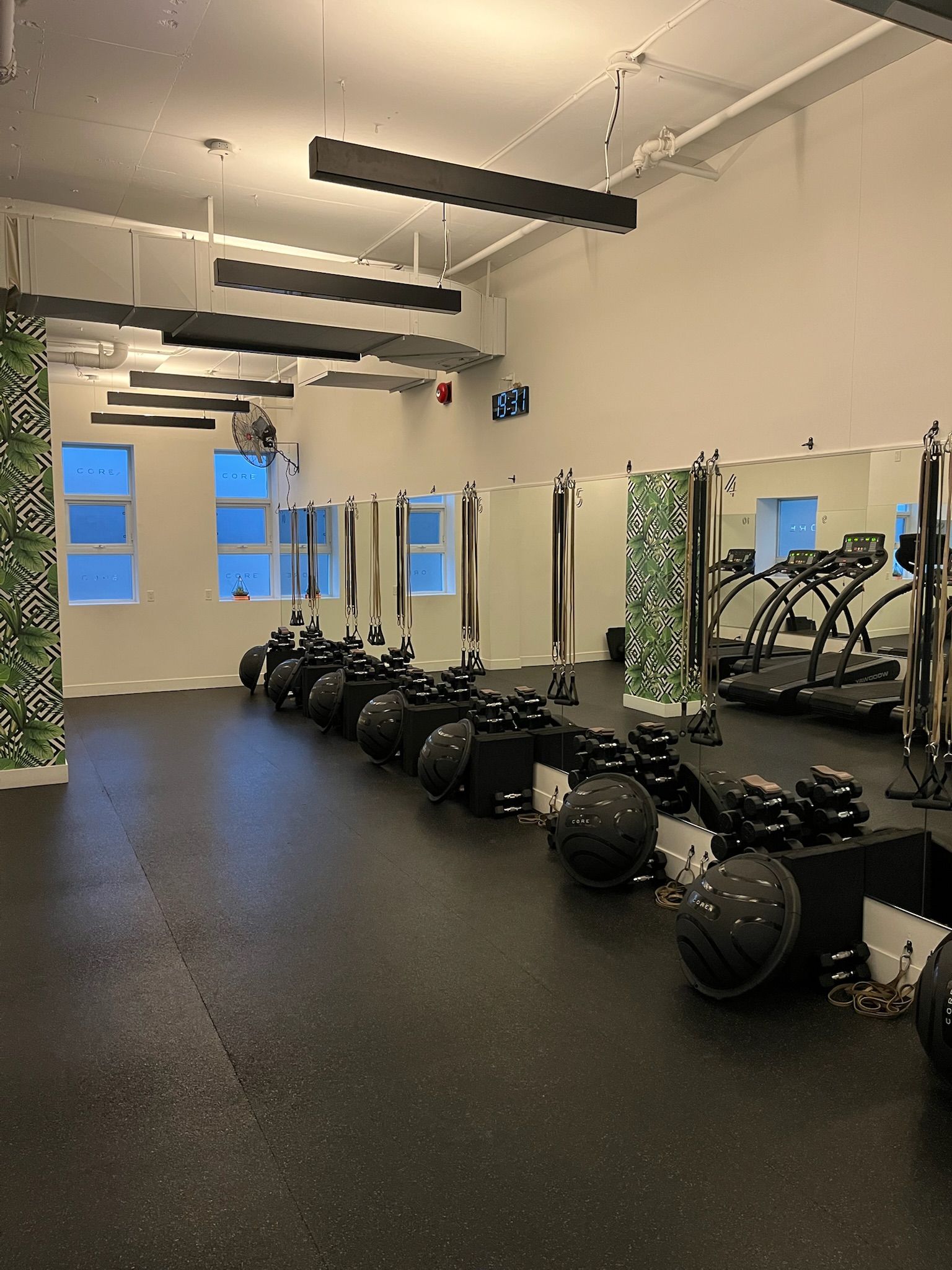 Gym interior with equipment: rowers, weights, treadmills, mirrors, and decorative black light fixtures.