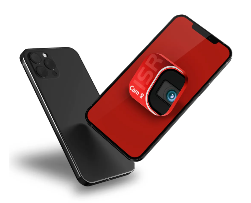 Two black smartphones, one with a red ISR Cam 2 camera attachment.