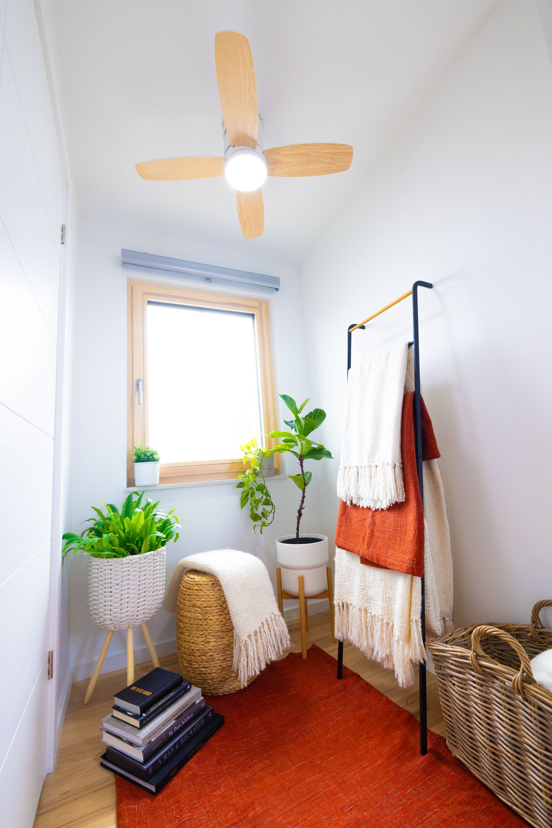 Cozy laundry room with rug, plants, clothing rack, and fan.