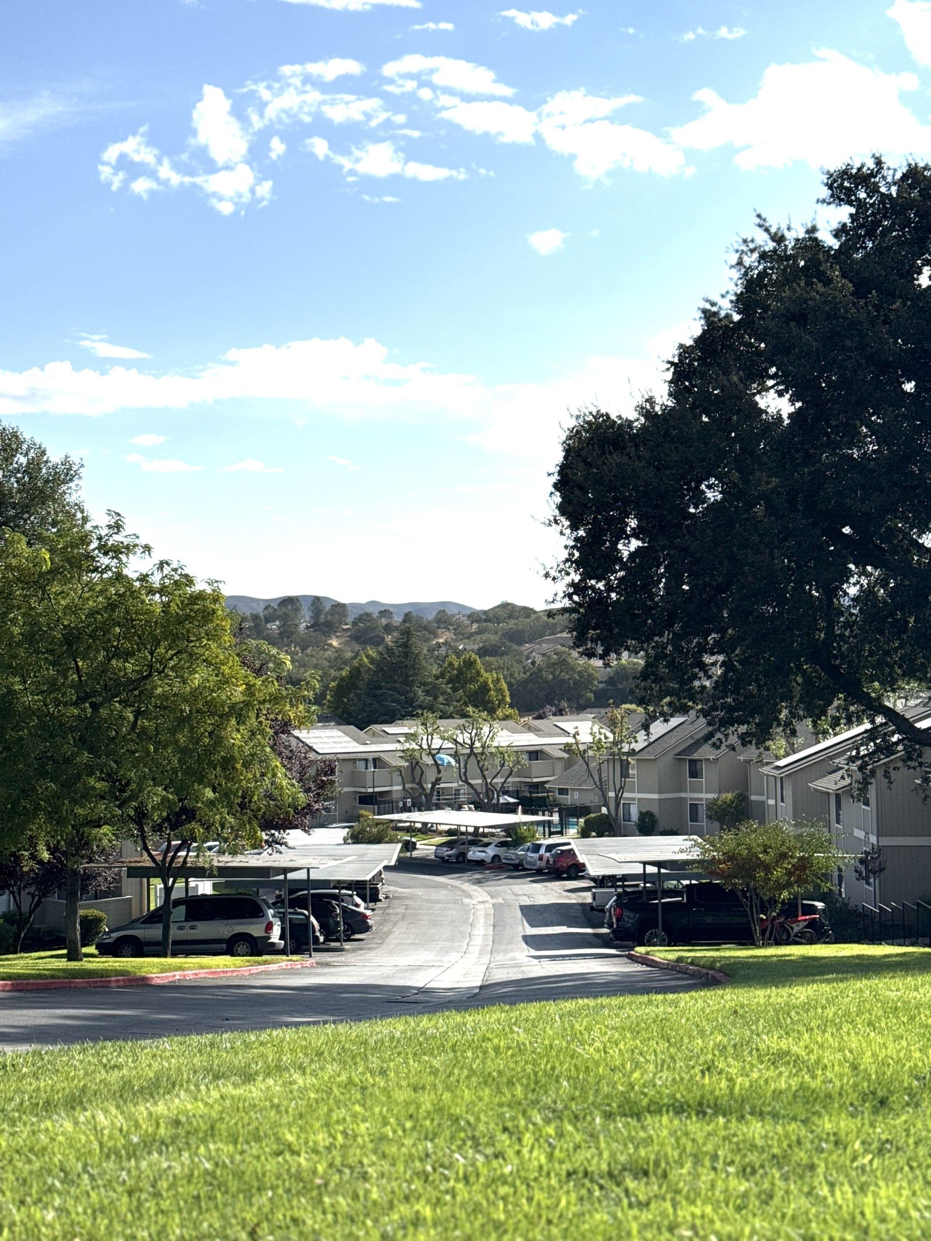 Apartment complex nestled on a green hillside with blue sky and trees.