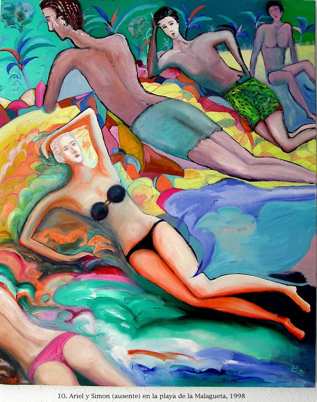 Ein Gemälde einer Gruppe von Menschen, die an einem Strand liegen