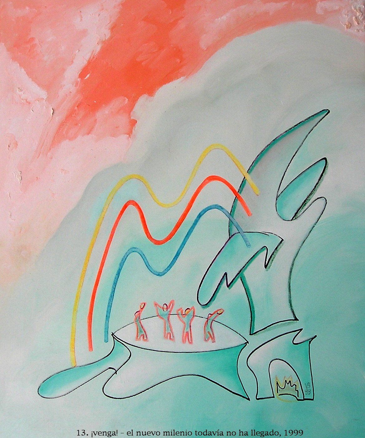 Eine Zeichnung eines Kaninchens mit einem Regenbogen im Hintergrund