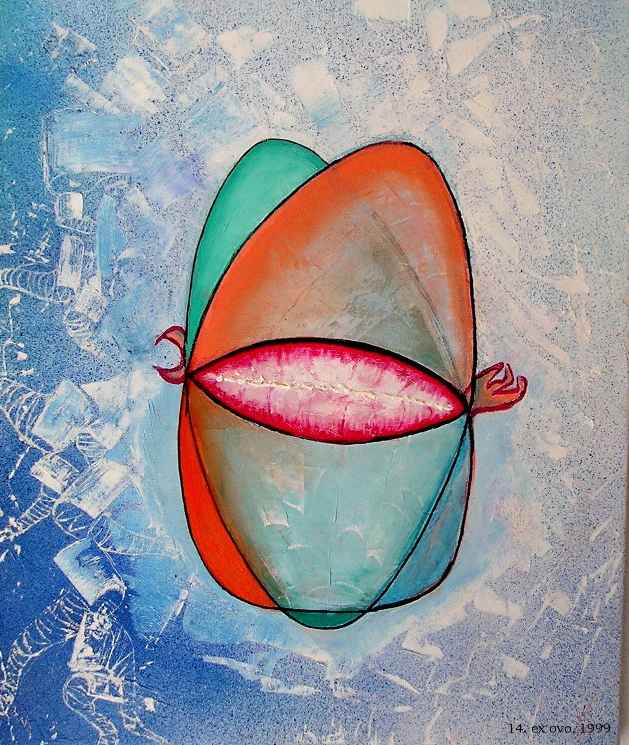 Ein Gemälde einer Kugel mit einem rosa Mund auf blauem Hintergrund