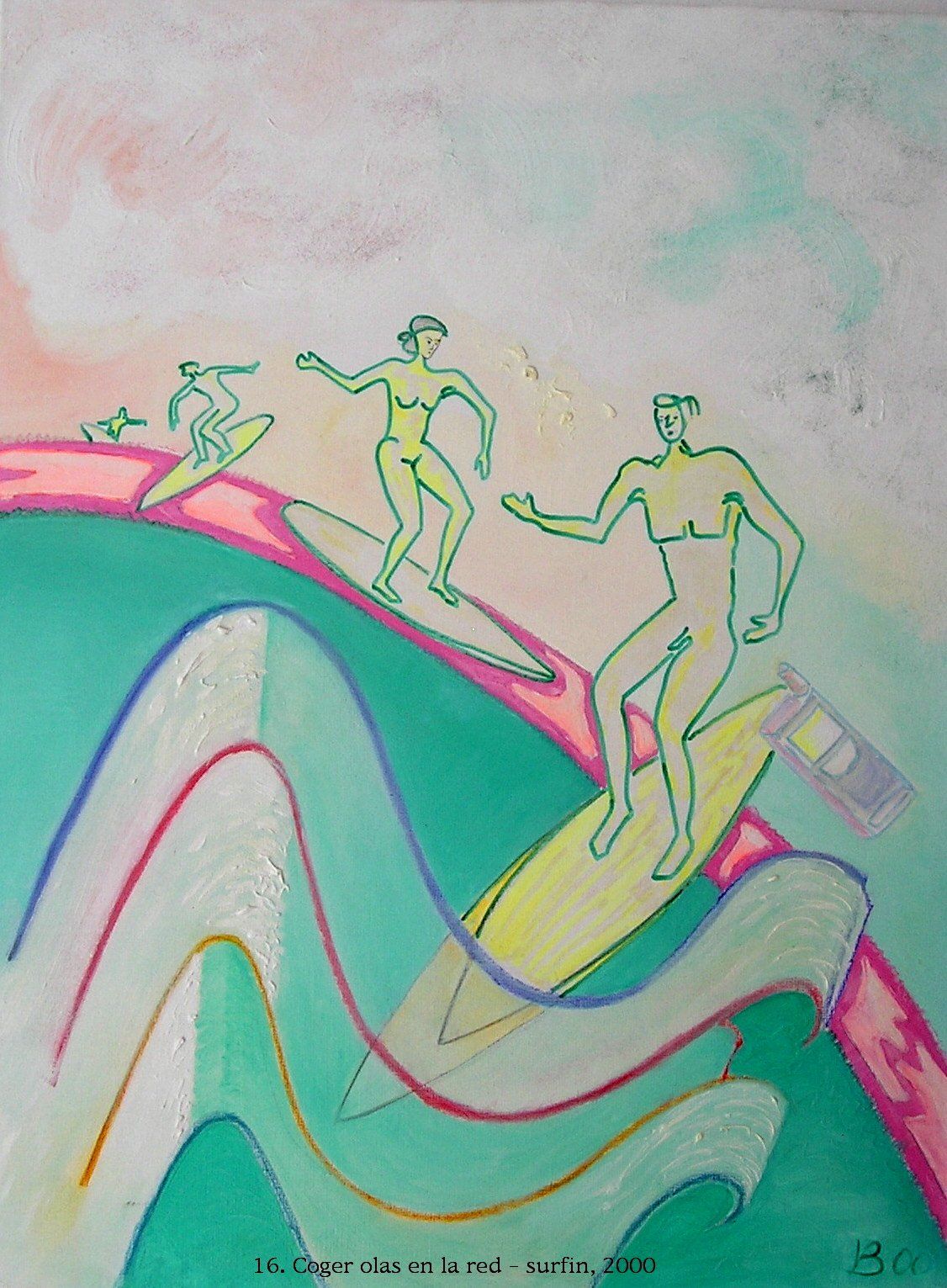 Ein Gemälde von drei Menschen, die auf Surfbrettern auf Wellen reiten