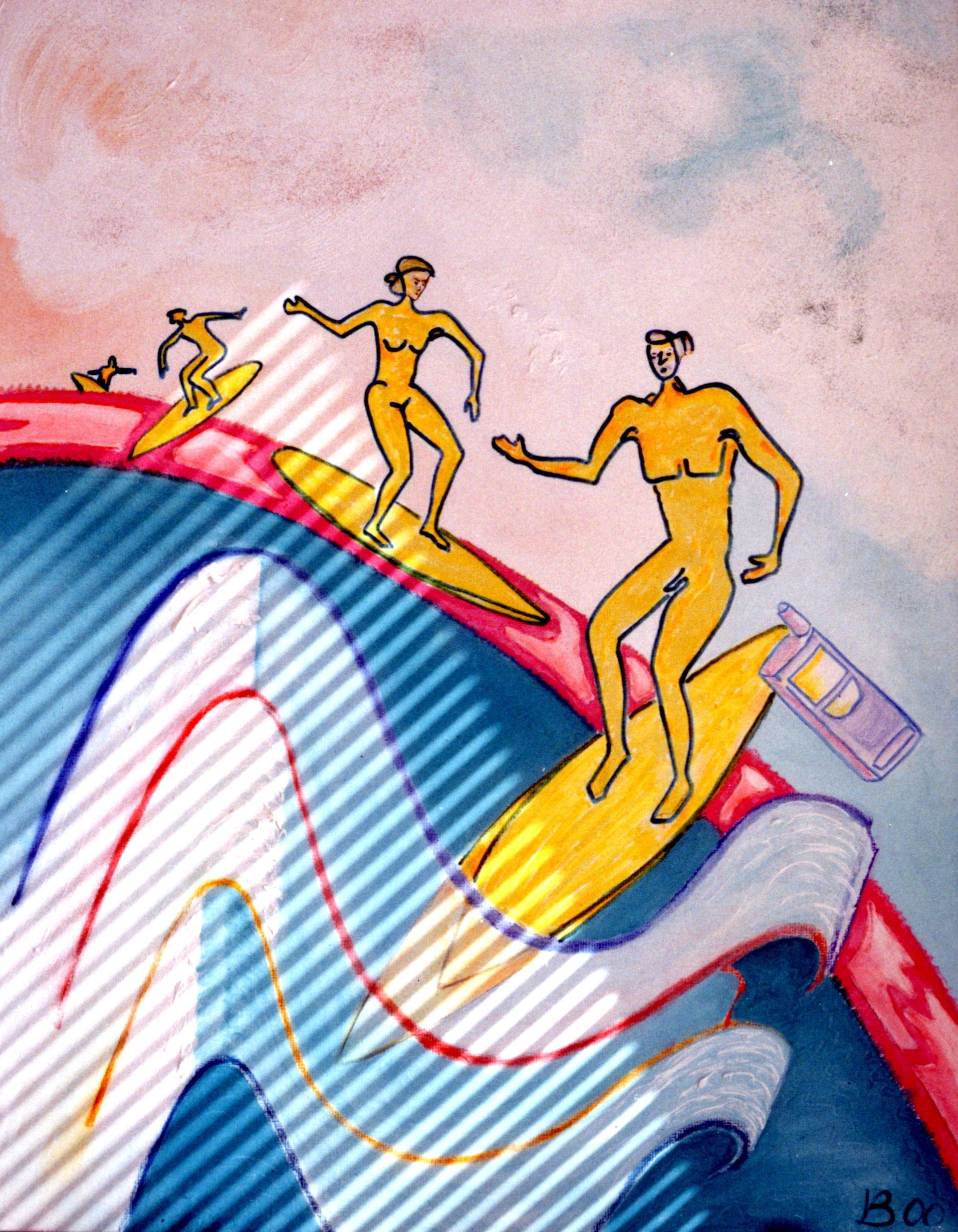 Ein Gemälde von drei Menschen, die auf Surfbrettern auf Wellen reiten