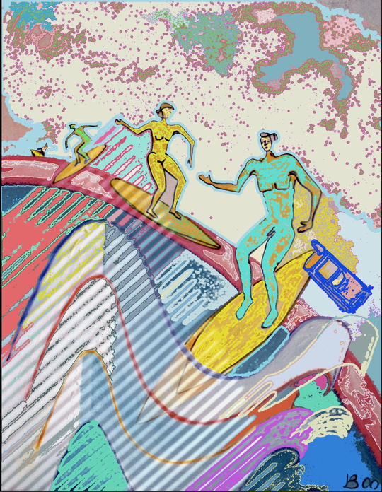 Ein Gemälde von zwei Menschen, die auf Surfbrettern auf Wellen reiten