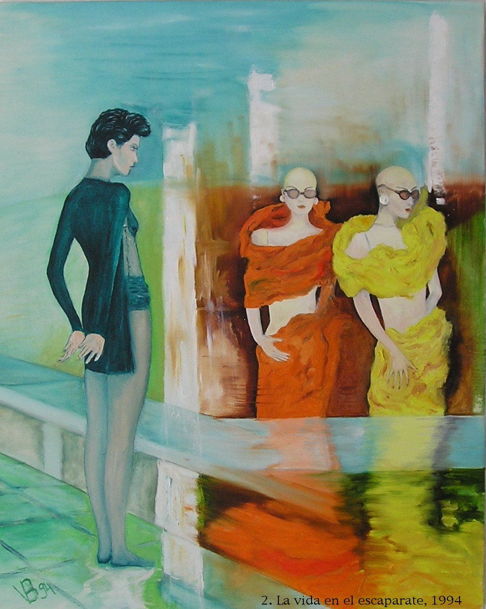 Ein Gemälde von drei nebeneinander stehenden Frauen