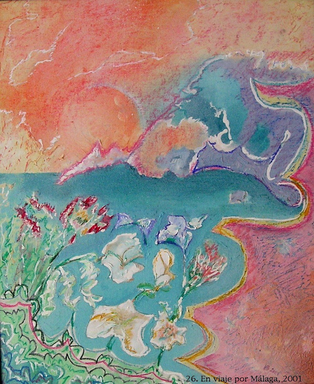 Ein farbenfrohes Gemälde mit Blumen und einem Berg im Hintergrund