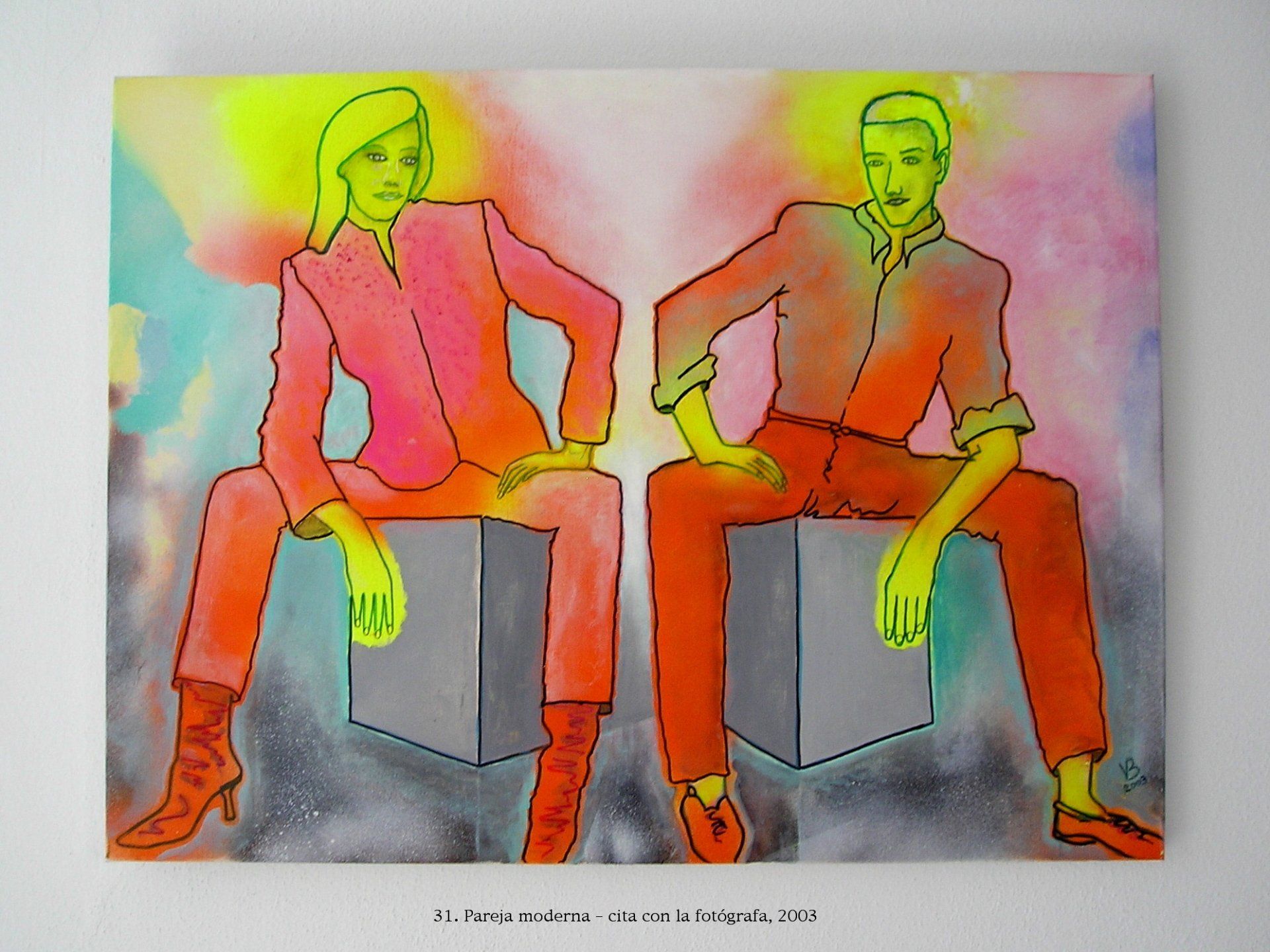 Ein Gemälde von einem Mann und einer Frau, die auf Würfeln sitzen