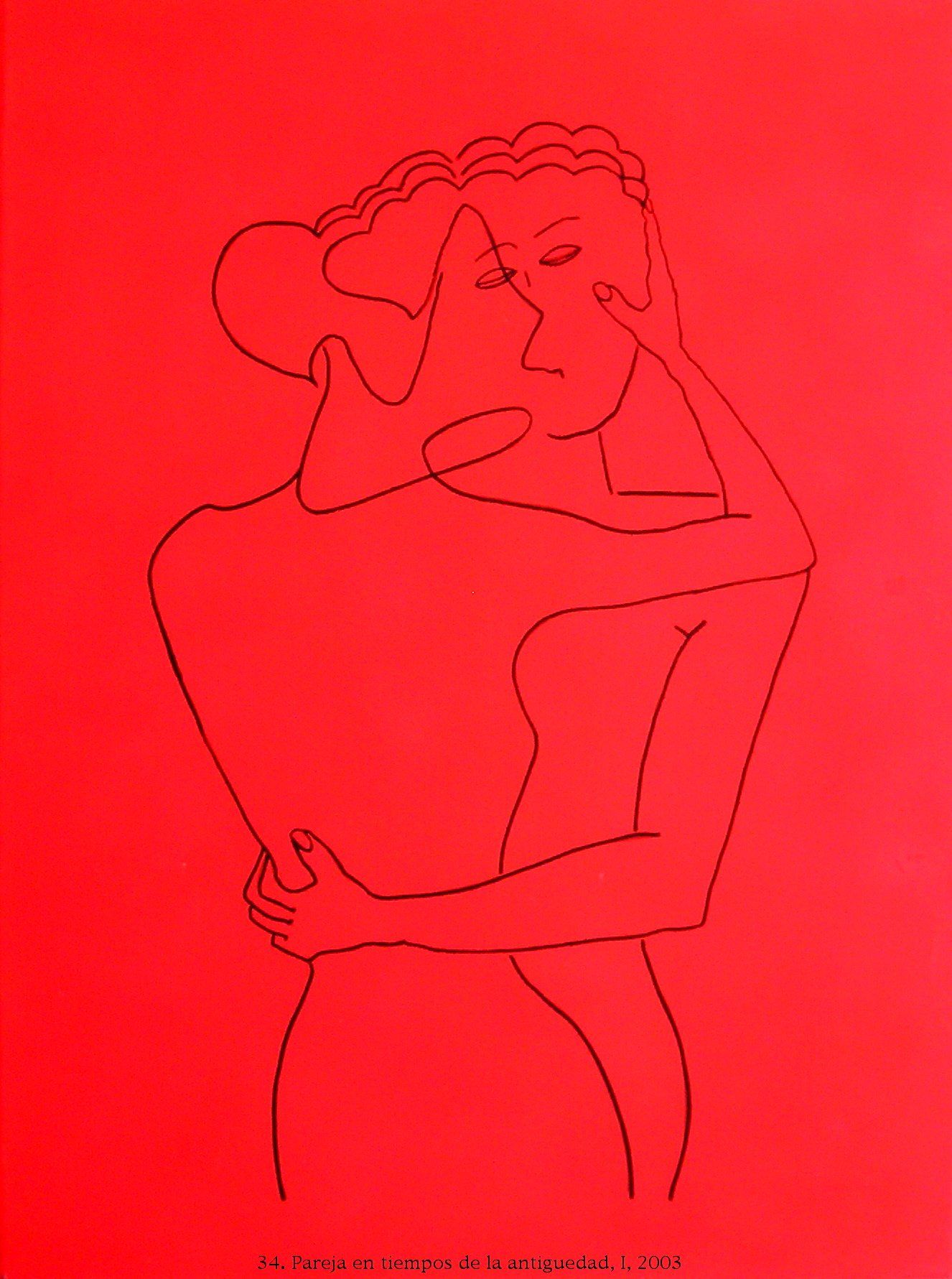 Eine Zeichnung eines Mannes und einer Frau, die sich auf rotem Hintergrund umarmen.