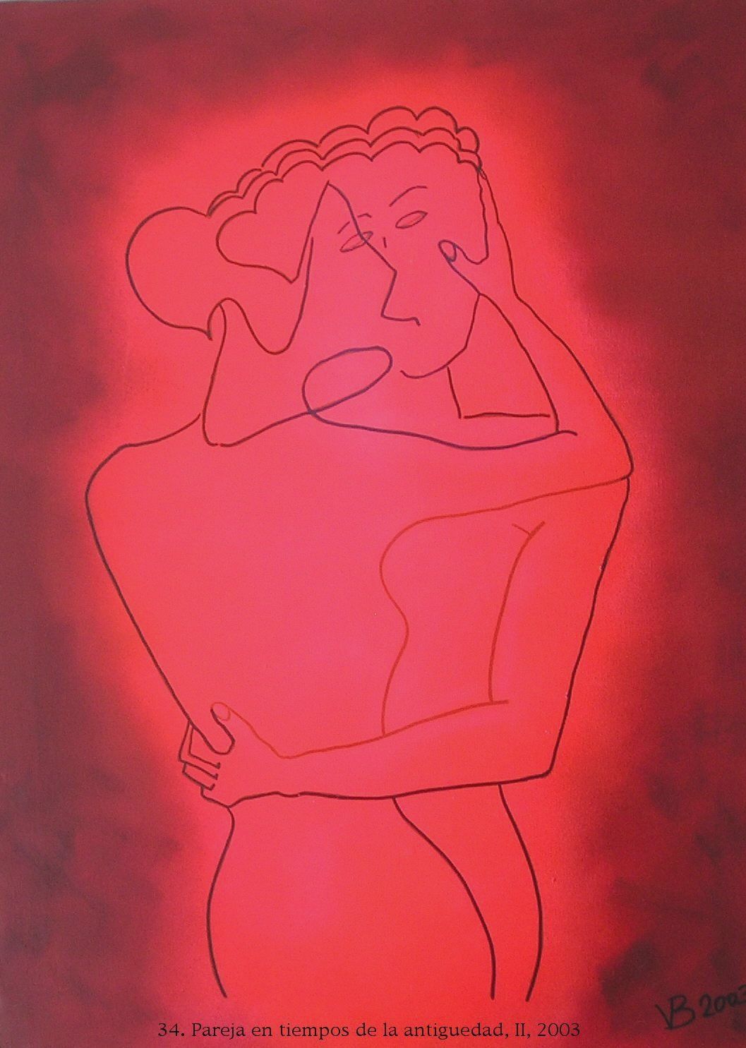 Eine Zeichnung eines sich küssenden Mannes und einer sich küssenden Frau auf rotem Hintergrund.