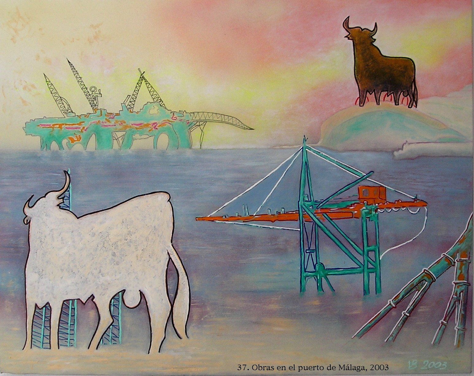 Ein Gemälde von einem Stier, der im Wasser steht