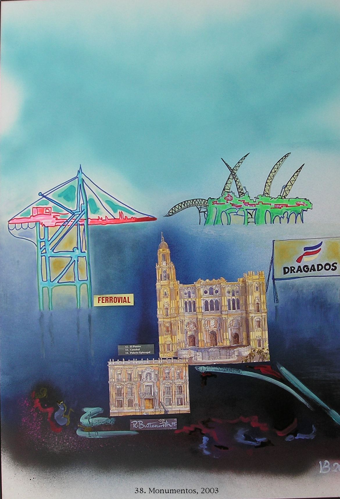 Ein Gemälde einer Stadt mit einem Schild mit der Aufschrift „Dragoos“