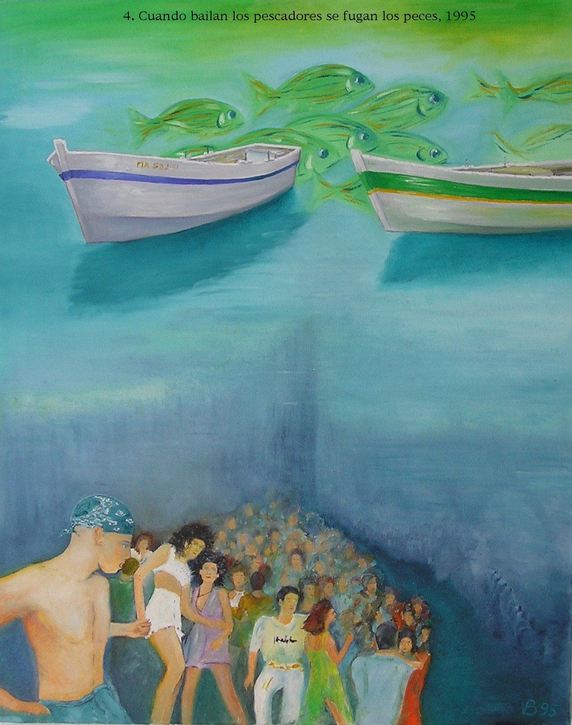 Ein Gemälde einer Gruppe tanzender Menschen vor Booten