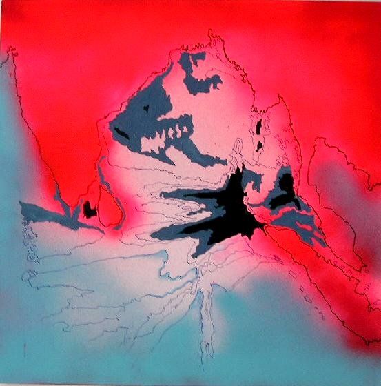 Ein Gemälde eines Hais auf einem roten und blauen Hintergrund