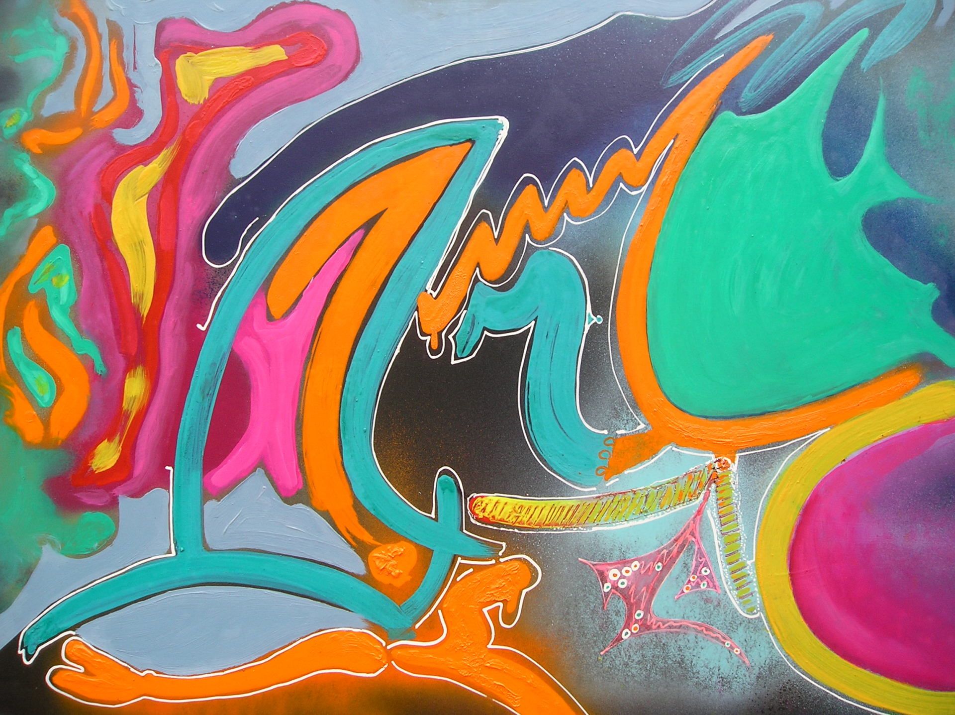 Ein buntes Gemälde mit dem Buchstaben t darauf