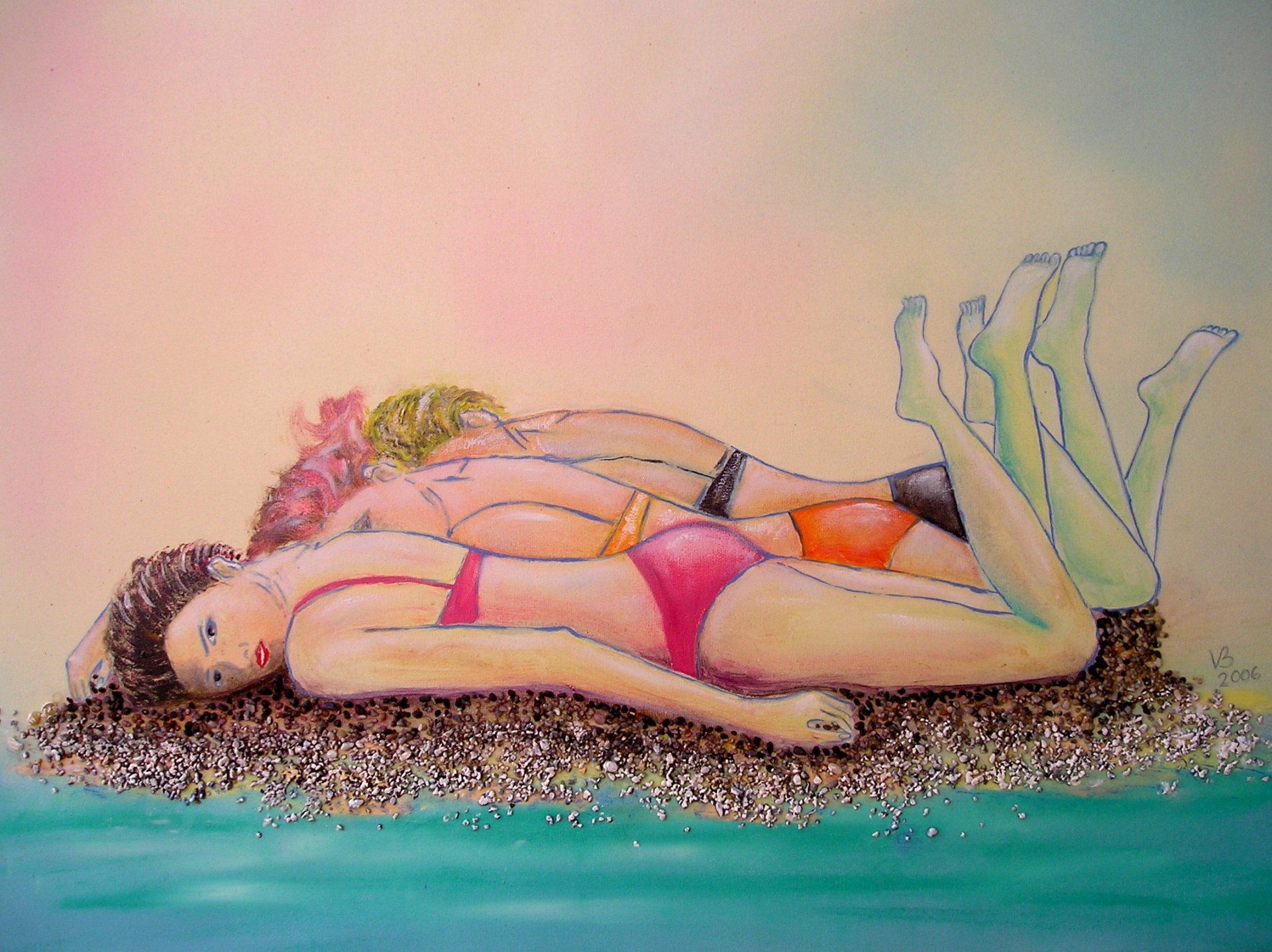 Ein Gemälde von zwei Frauen, die am Strand liegen