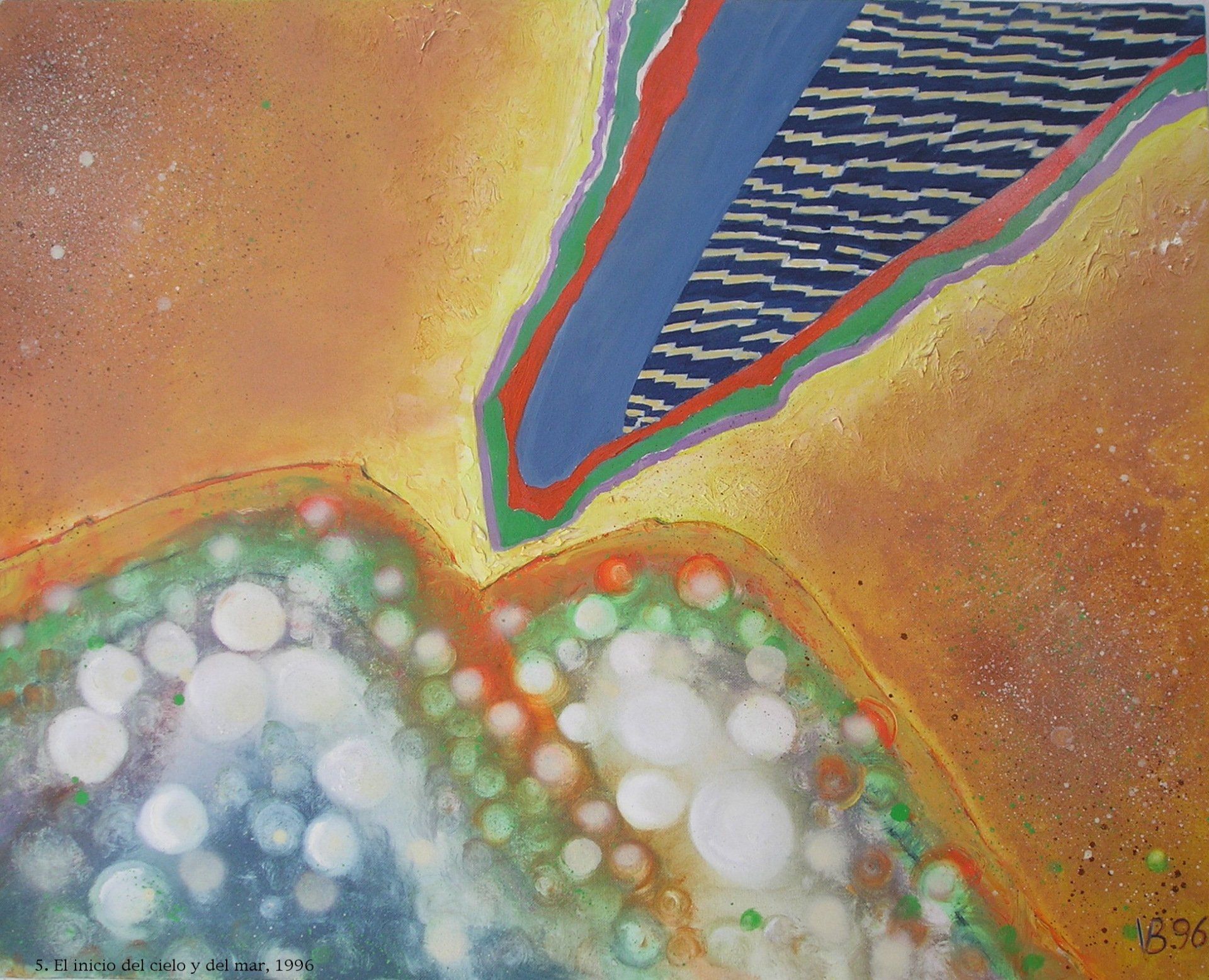 Ein buntes Gemälde mit einem blauen Dreieck in der Mitte