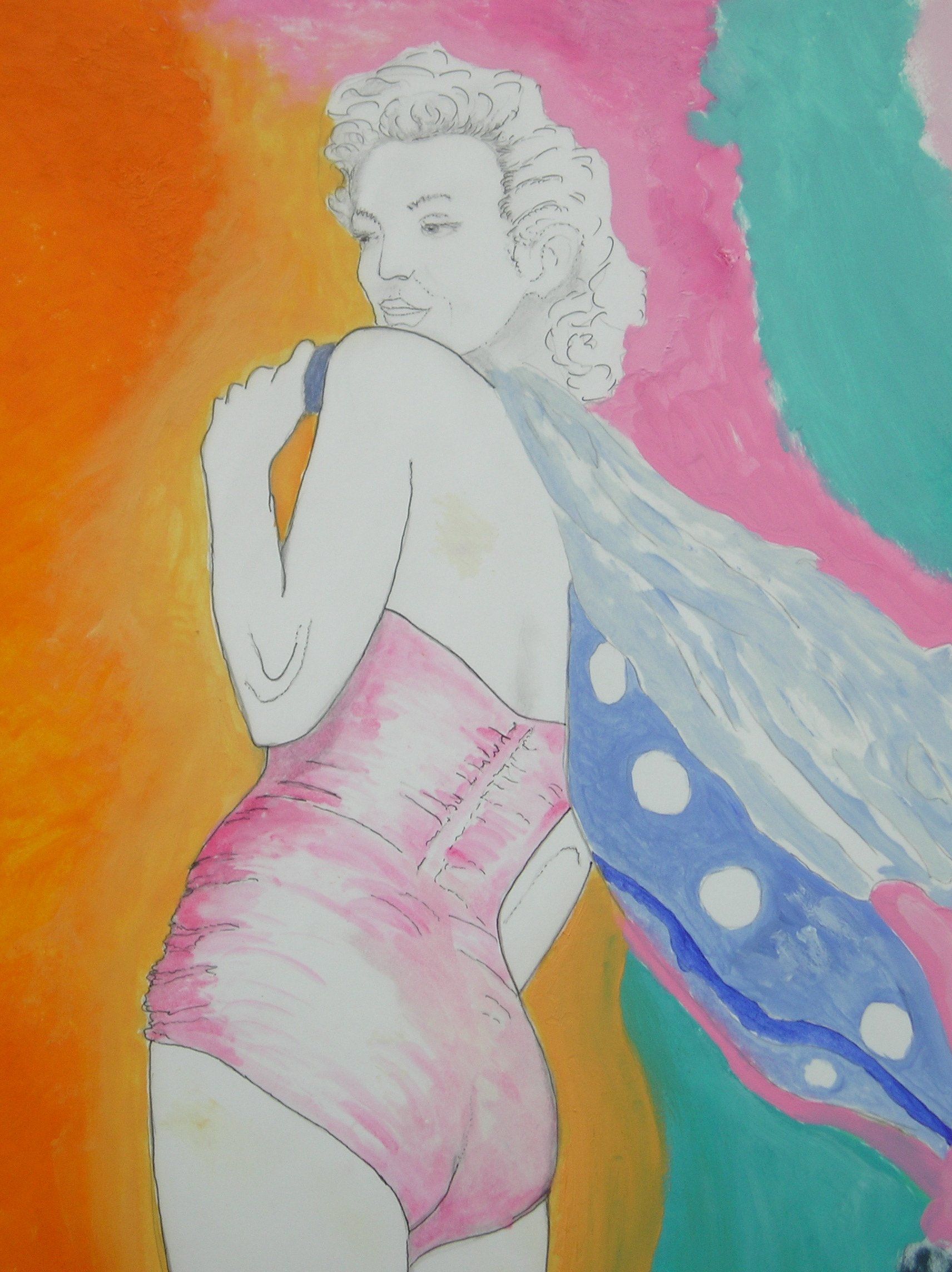 Ein Gemälde einer Frau in einem rosa Badeanzug