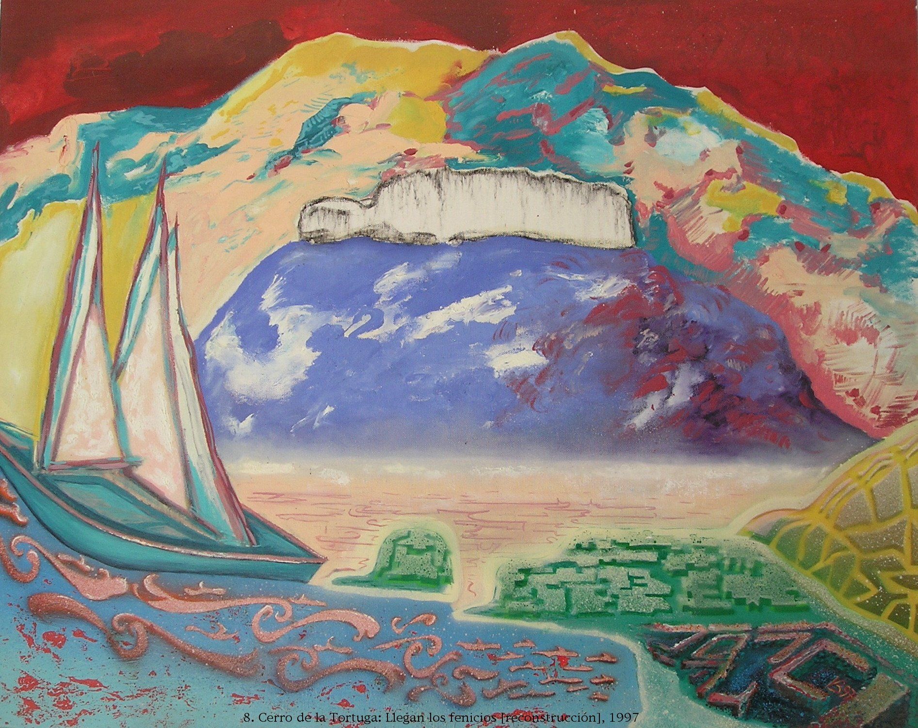 Ein Gemälde von einem Segelboot im Wasser mit Bergen im Hintergrund