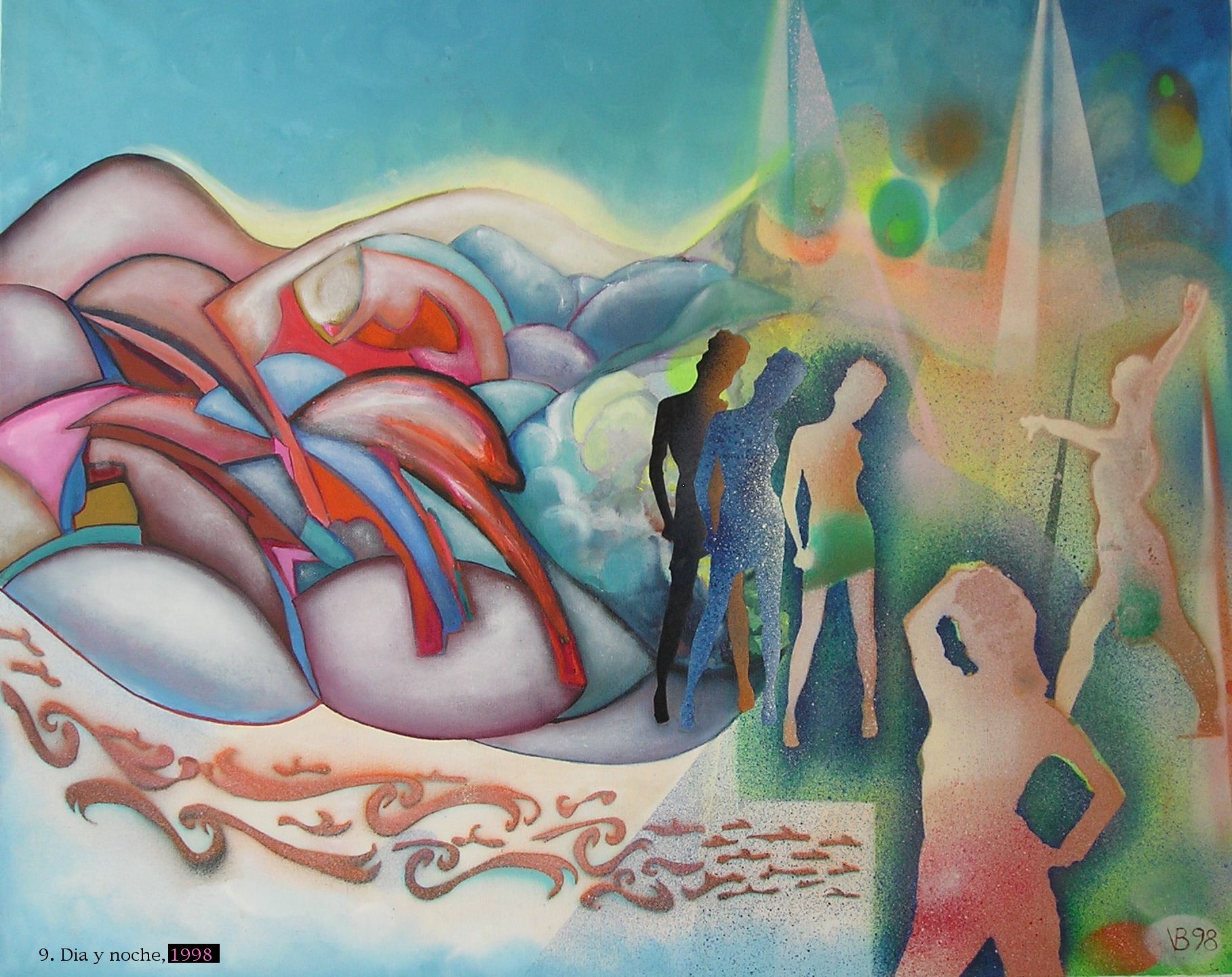 Ein farbenfrohes Gemälde mit ein paar Menschen darauf